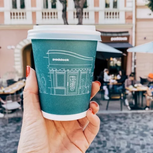 papierový pohár s potlačou Paddock coffee